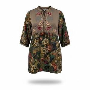 Johnny Was Parrot Gweneth Tunic Dress Muliti Color 3/4 Sleeve Colorful Silk